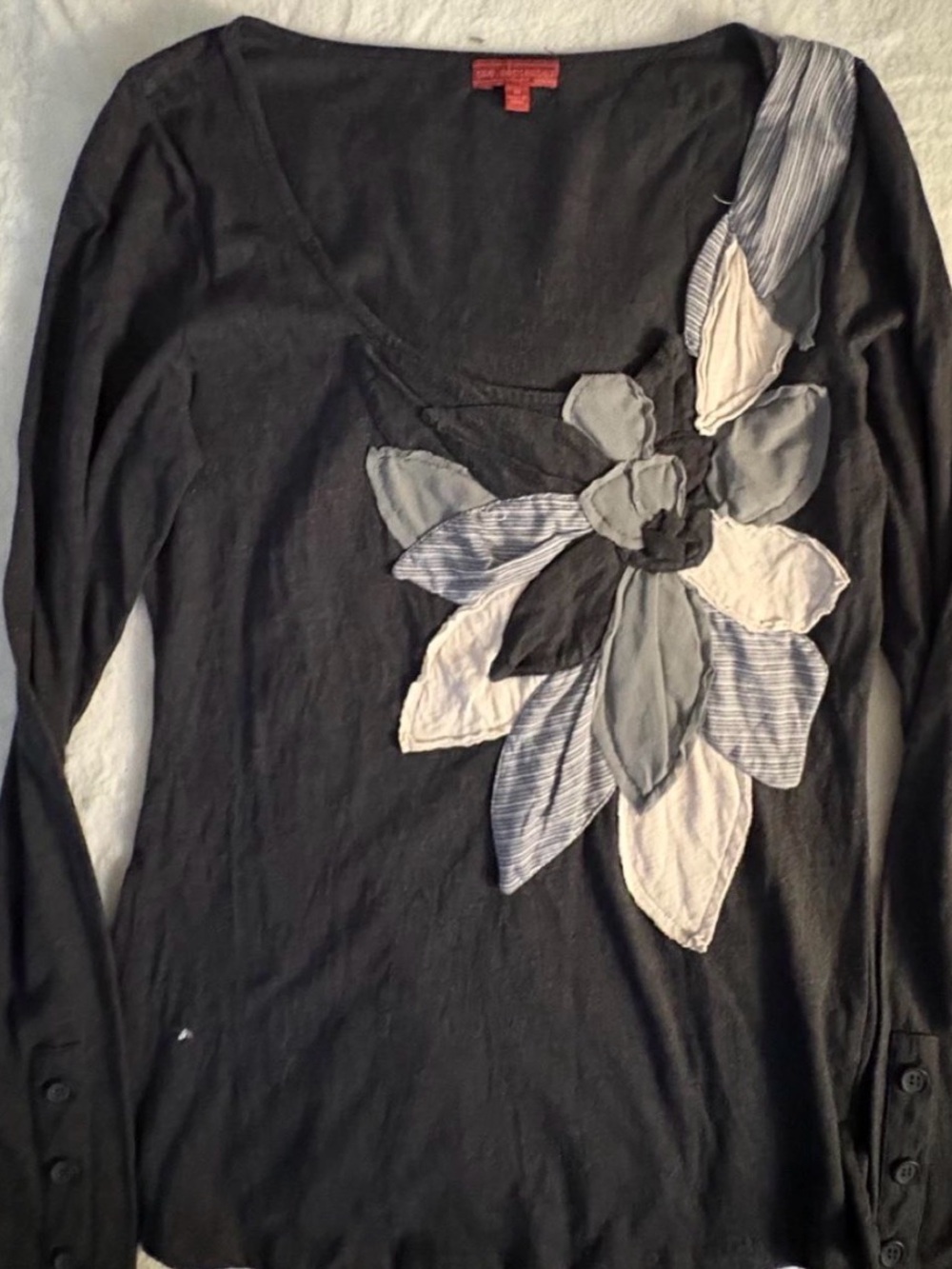 Women's Black V-Neck Long-Sleeve Top with Multicolor Fabric Flower Applique